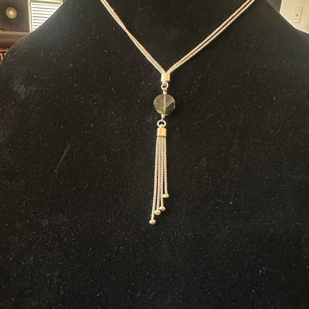 Sterling Silver 925 Tassel Pendant Necklace with Smoky Crystal Accent